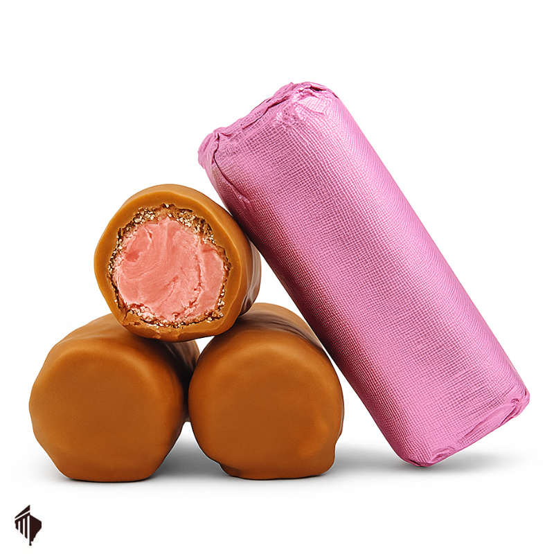 τυλιχτά σοκολατένια κεράσματα πουράκι, γέμιση κρέμας φράουλας και επικάλυψη διπλής στρώσης σοκολάτας γάλακτος