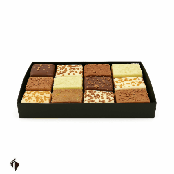 Choco Mousse Cubes Mix 12 τεμαχίων – χειροποίητα βελγικά σοκολατάκια σε ποικιλία γεύσεων, σε πολυτελή συσκευασία δώρου.