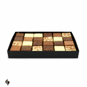 Choco Mousse Cubes Mix 24 τεμαχίων – πολυτελές κουτί με βελγικά σοκολατάκια σε ποικιλία γεύσεων και επικάλυψης λευκής, γάλακτος και dark σοκολάτας.